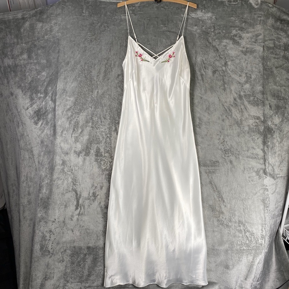 VTG Victorias Secret Nightgown Womens M White Gold Label Satin Maxi Slip Dress